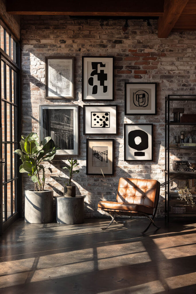 Industrial gallery wall with black-and-white abstract art, exposed brick wall, leather chair, and potted plants in a modern loft.