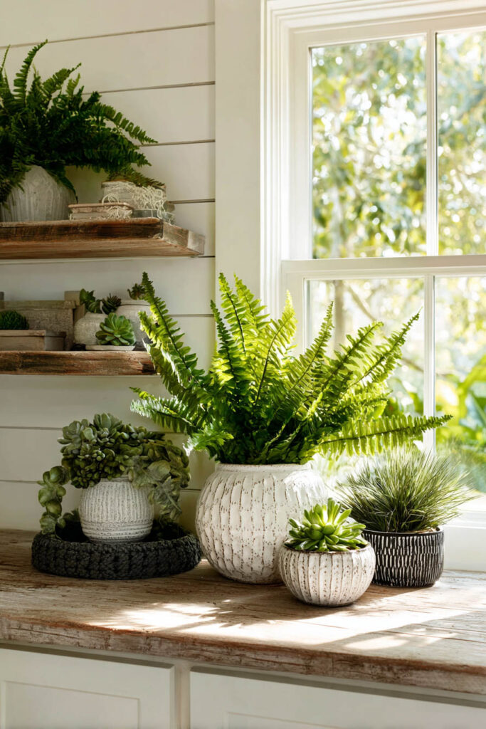 Kitchen window with potted ferns and succulents on rustic shelves, featuring bright natural light and farmhouse-style indoor plant decor.