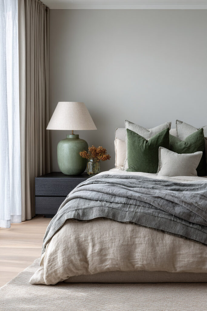 Sage green bedroom with modern gallery wall, cozy bedding, and chunky knit blanket in natural sunlight.