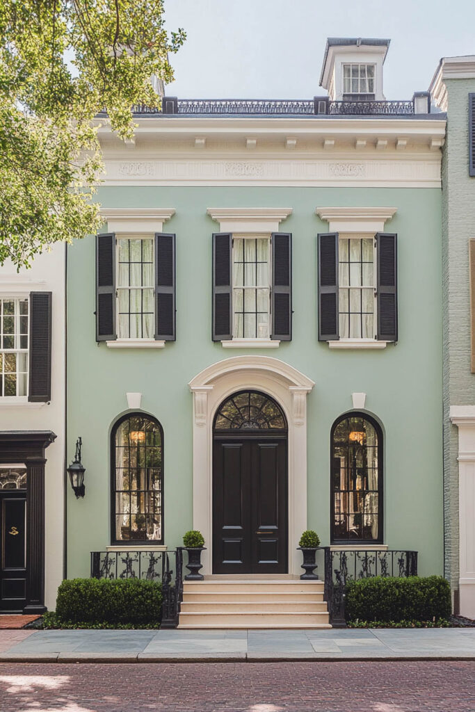 Mint green townhouse with black shutters, arched windows, and elegant white trim in classic architectural style.