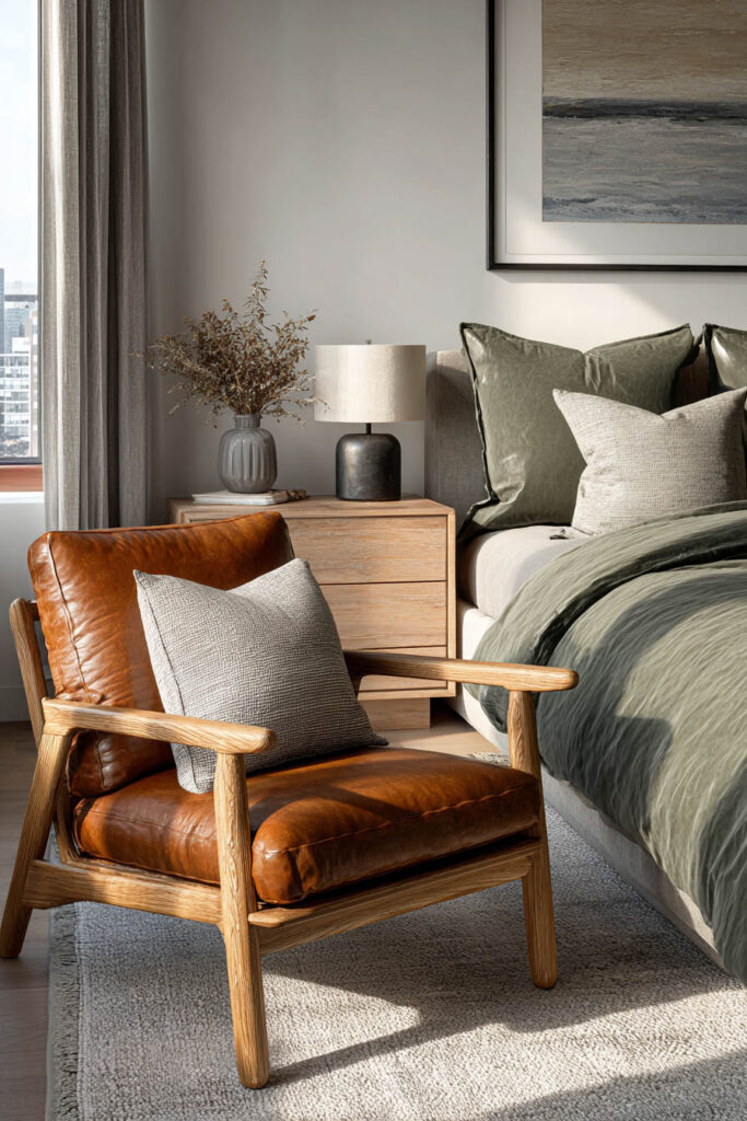 A modern sage green bedroom with a caramel leather chair, light wood nightstand, and soft neutral bedding creating a warm, minimalist look.