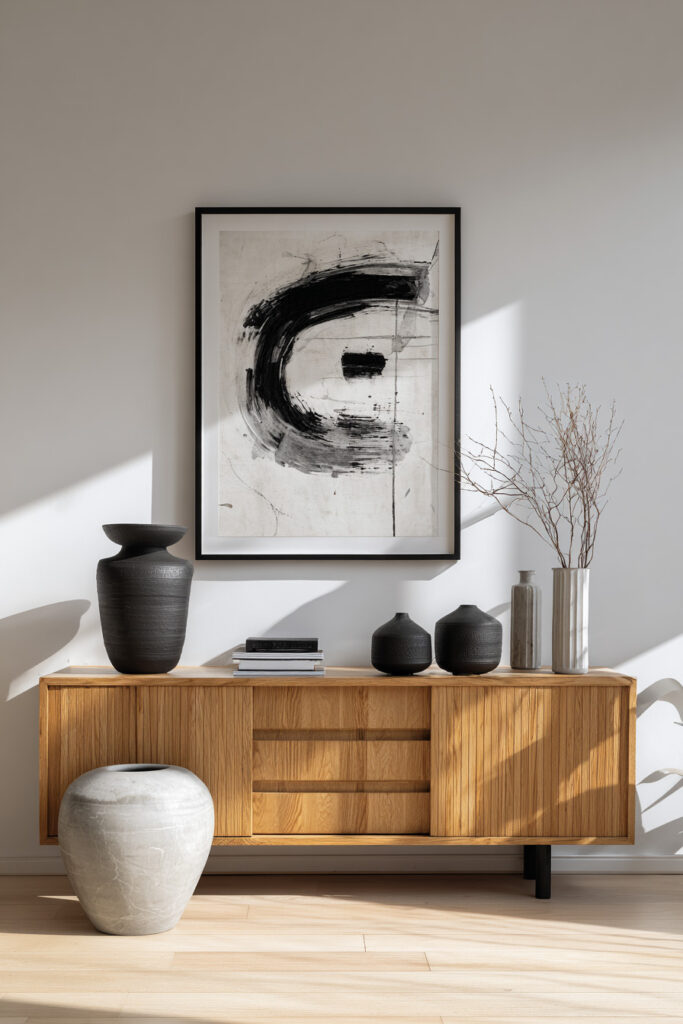 Modern wood console table with black abstract wall art and a mix of matte black and neutral ceramic vases, styled in natural sunlight.