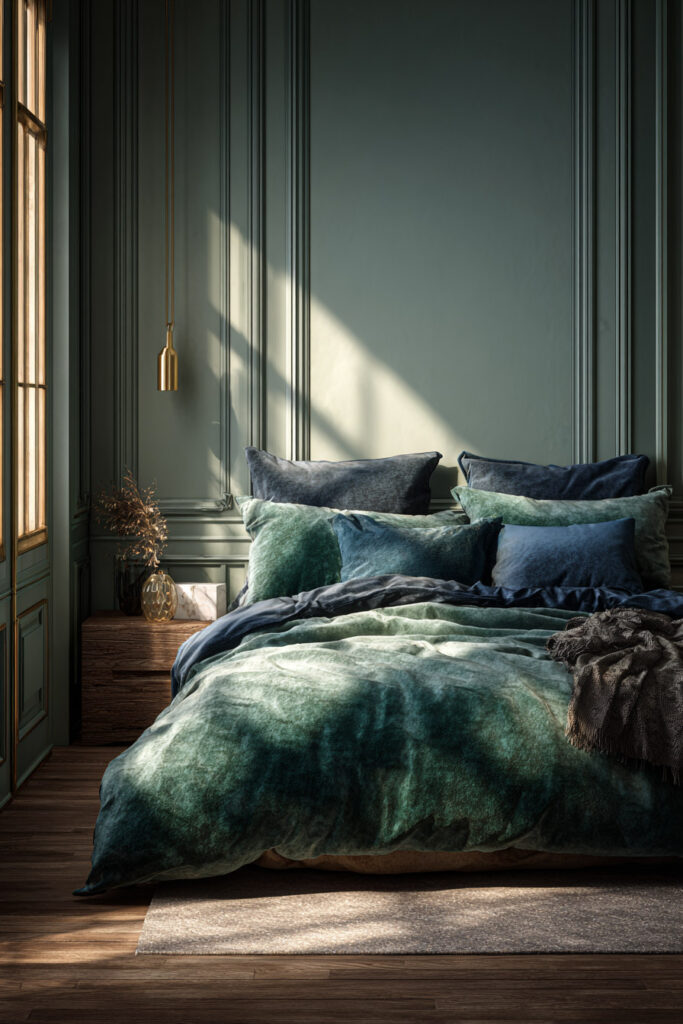 Moody sage green bedroom with dark blue and emerald bedding, gold accents, and soft natural lighting for a luxurious, cozy look.