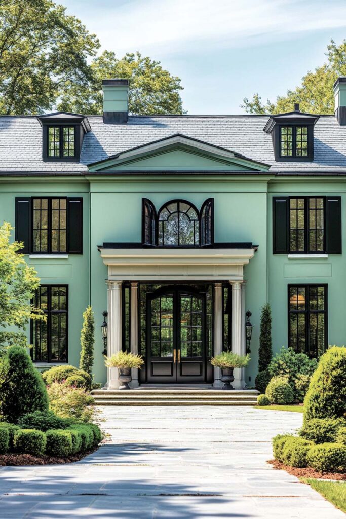 Sage green mansion with black window trim, arched windows, white columns, and landscaped front garden. 