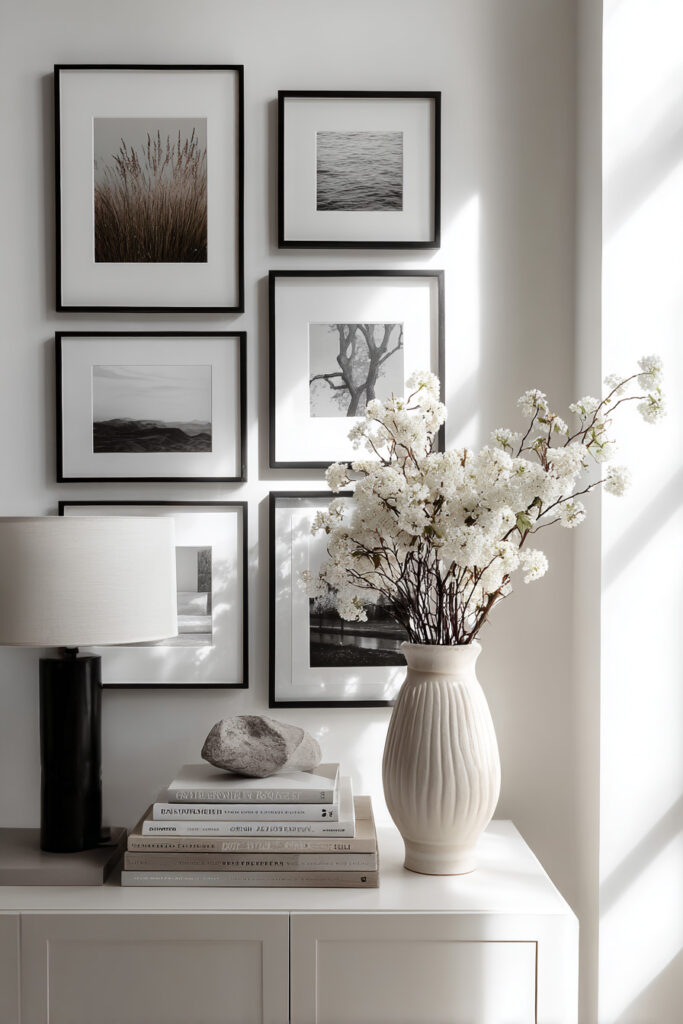 Black and white gallery wall with framed photography, a white vase of spring blossoms, a black lamp, and stacked neutral books on a white console.