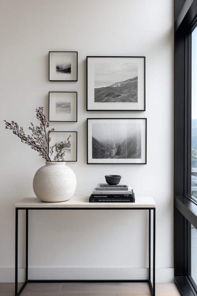 Black and white gallery wall with framed landscape photography, minimalist black console table, white ceramic vase, stacked books, and soft natural lighting.