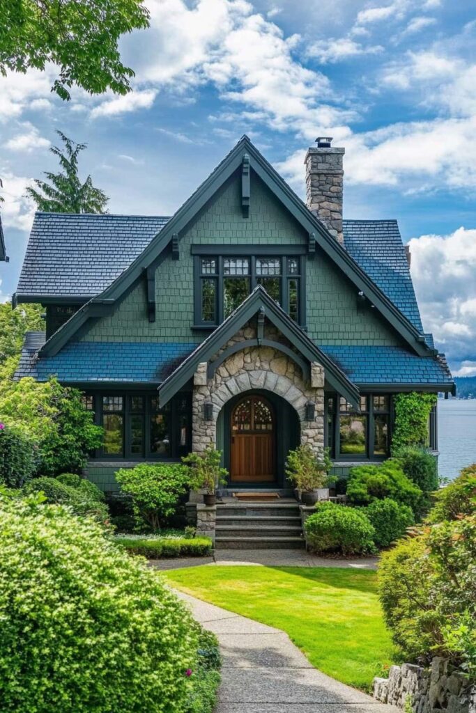 Charming green cottage with stone archway, dark trim, steep roof, and wood front door surrounded by lush landscaping and lake views.