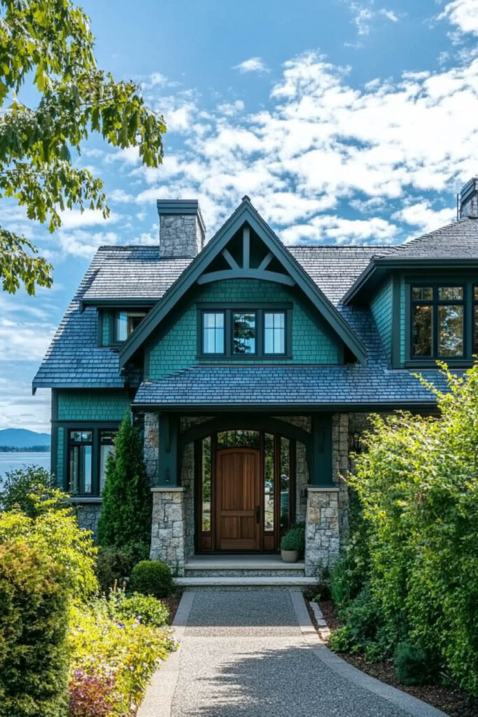 Deep green craftsman-style house with stone exterior, wood front door, and lake view surrounded by lush garden landscaping.