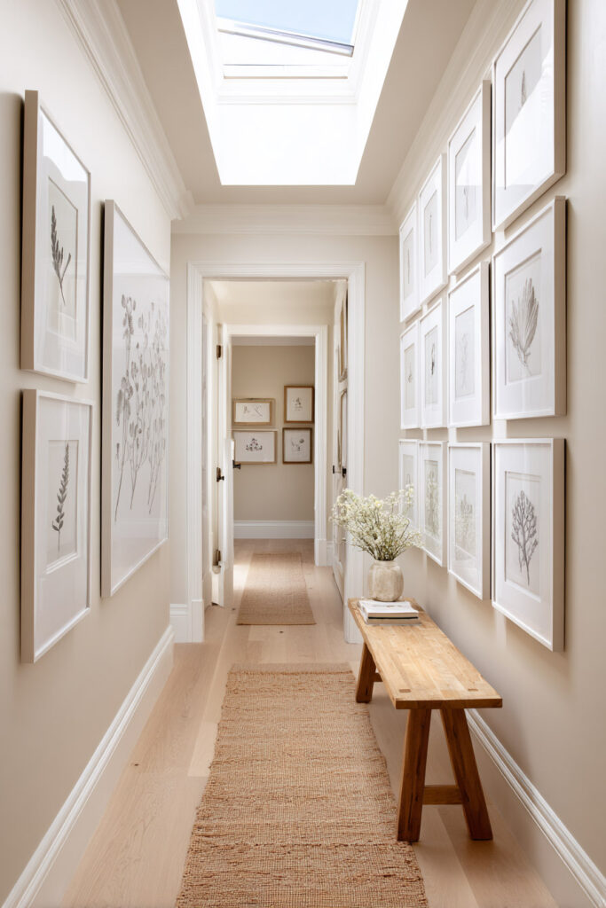 Neutral hallway with skylight and symmetrical gallery wall of botanical prints in white frames, styled with wood bench and woven rug.