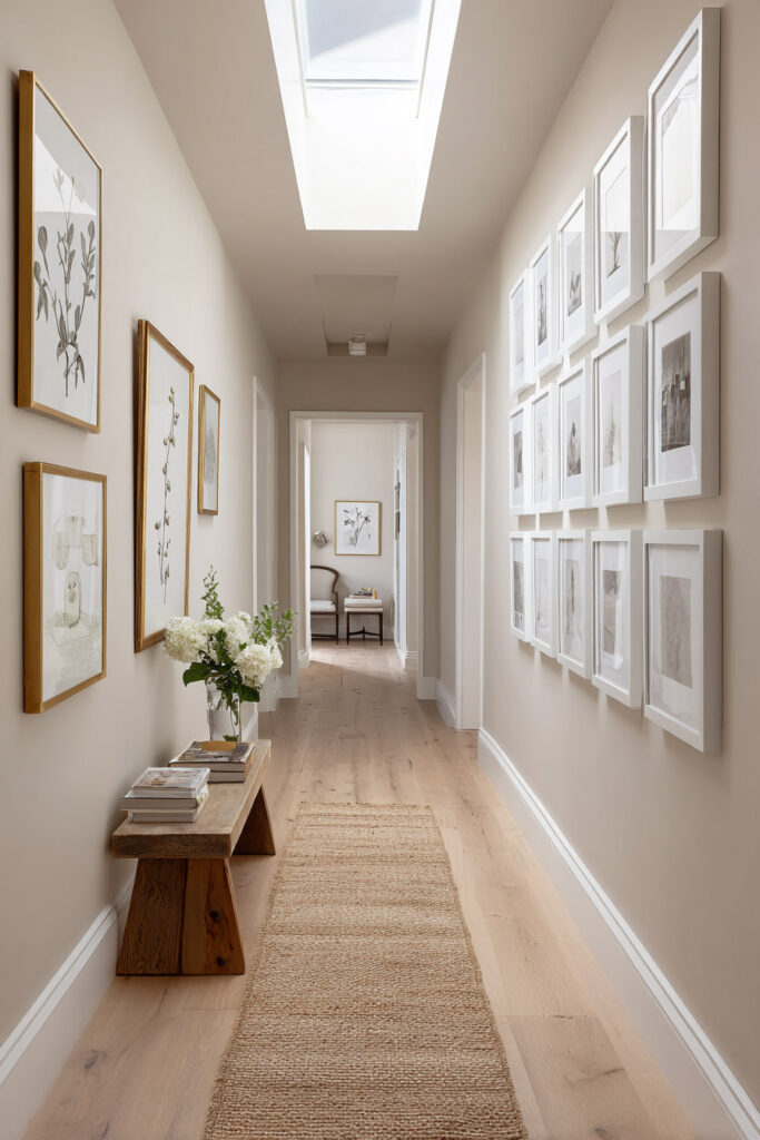 Neutral hallway with skylight, symmetrical gallery walls featuring white frames and botanical artwork, wooden bench with flowers, and jute rug on light wood floors.