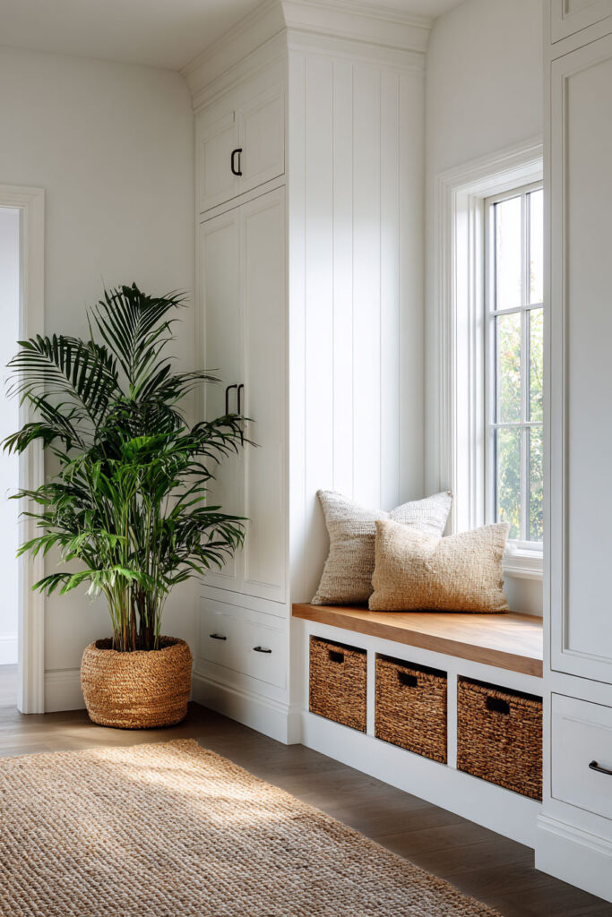 Bright mudroom with palm plant in woven basket beside white built-in bench with rattan storage and natural light.