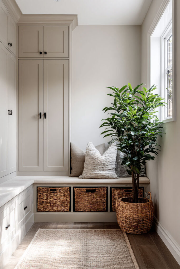 Neutral mudroom with built-in cabinets, woven storage baskets, indoor plant in rattan pot, and cozy bench with textured pillows.