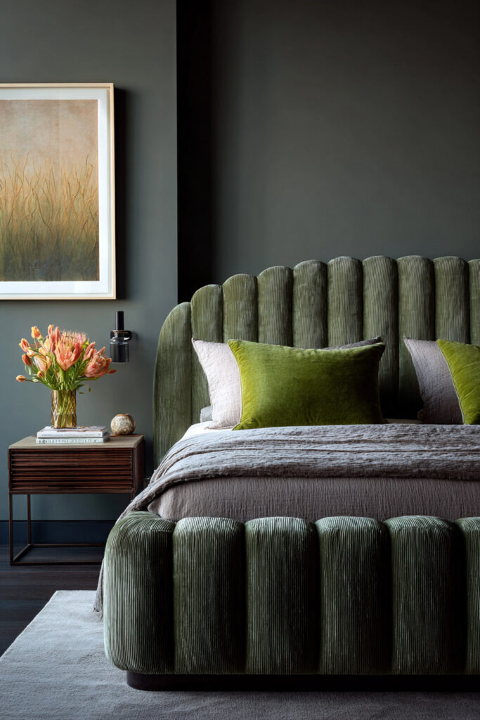 Sage green bedroom with velvet scalloped headboard, layered bedding, and wood nightstand styled for a cozy luxe feel.