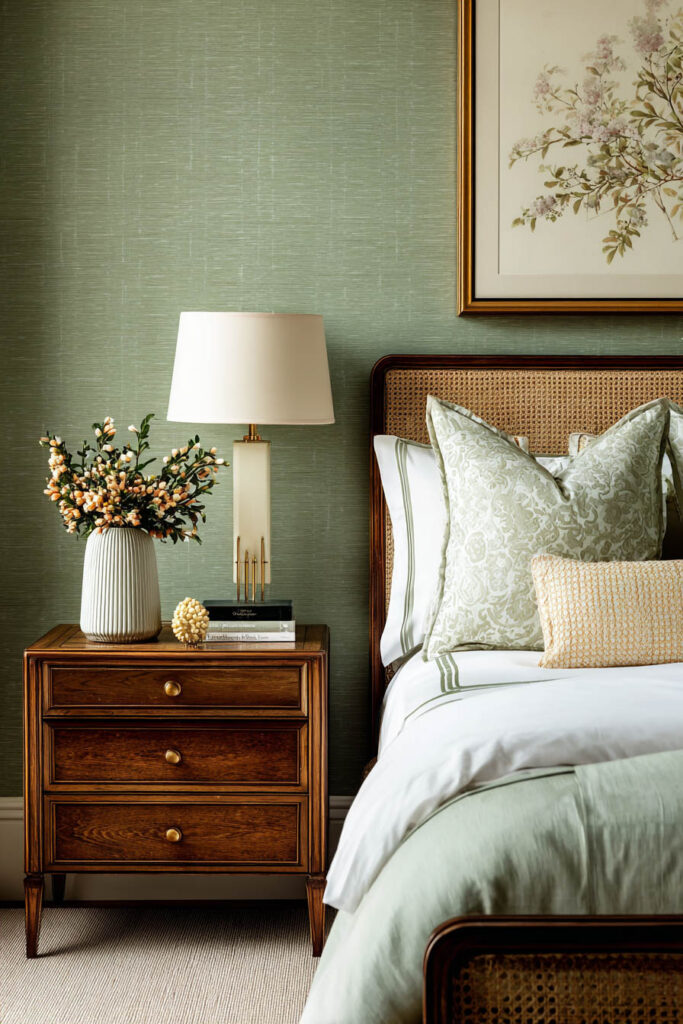 A sophisticated sage green bedroom featuring grasscloth wallpaper, a wooden cane headboard, and a warm-toned nightstand with a sculptural lamp and floral arrangement.