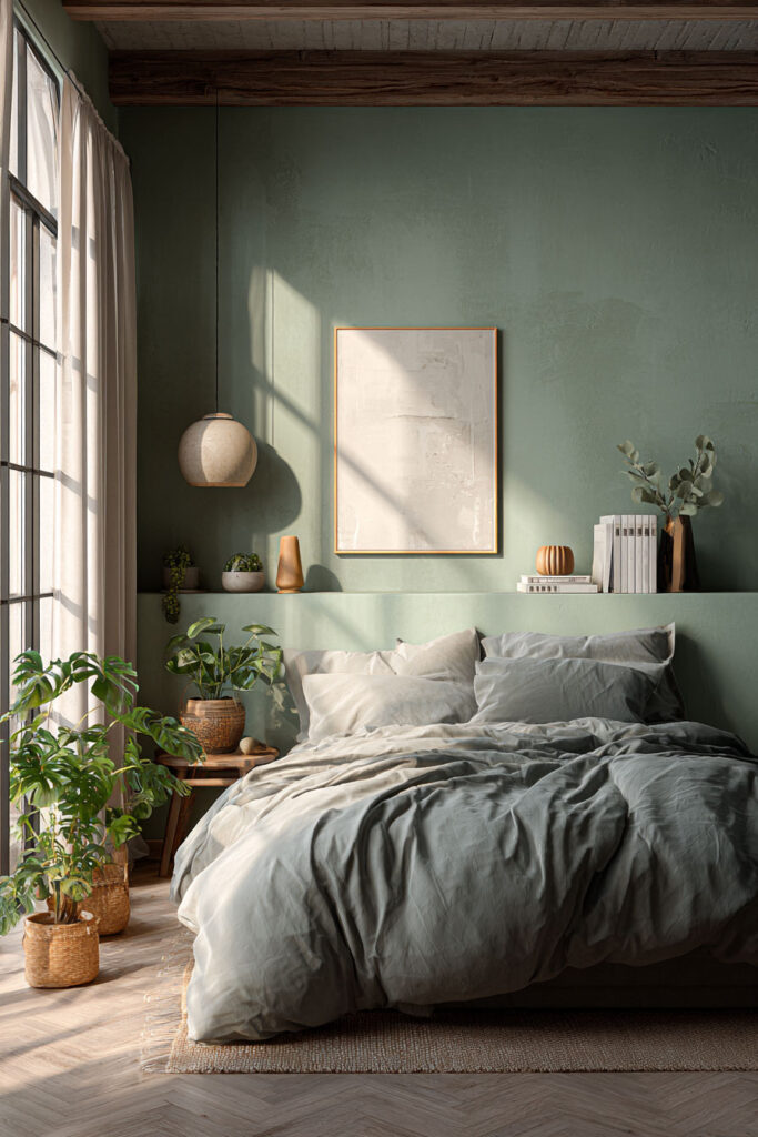 Sage green bedroom with accent wall, wooden ceiling beams, woven baskets, and indoor plants creating a cozy, natural, and calming atmosphere.