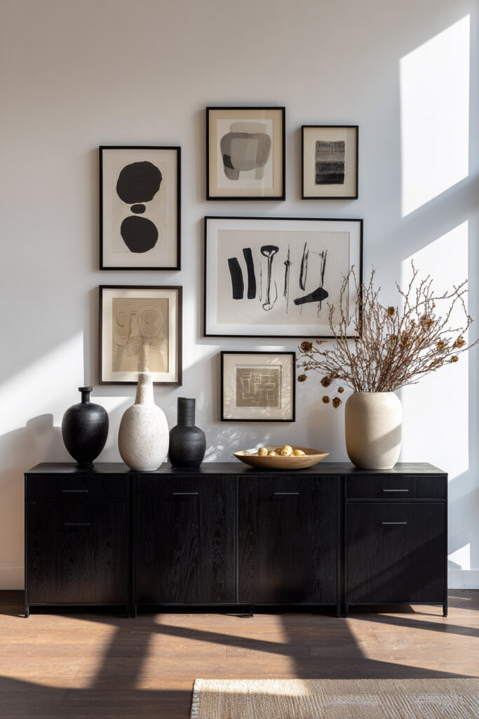 Modern black and white gallery wall with abstract prints above black console and neutral ceramic vases in natural light