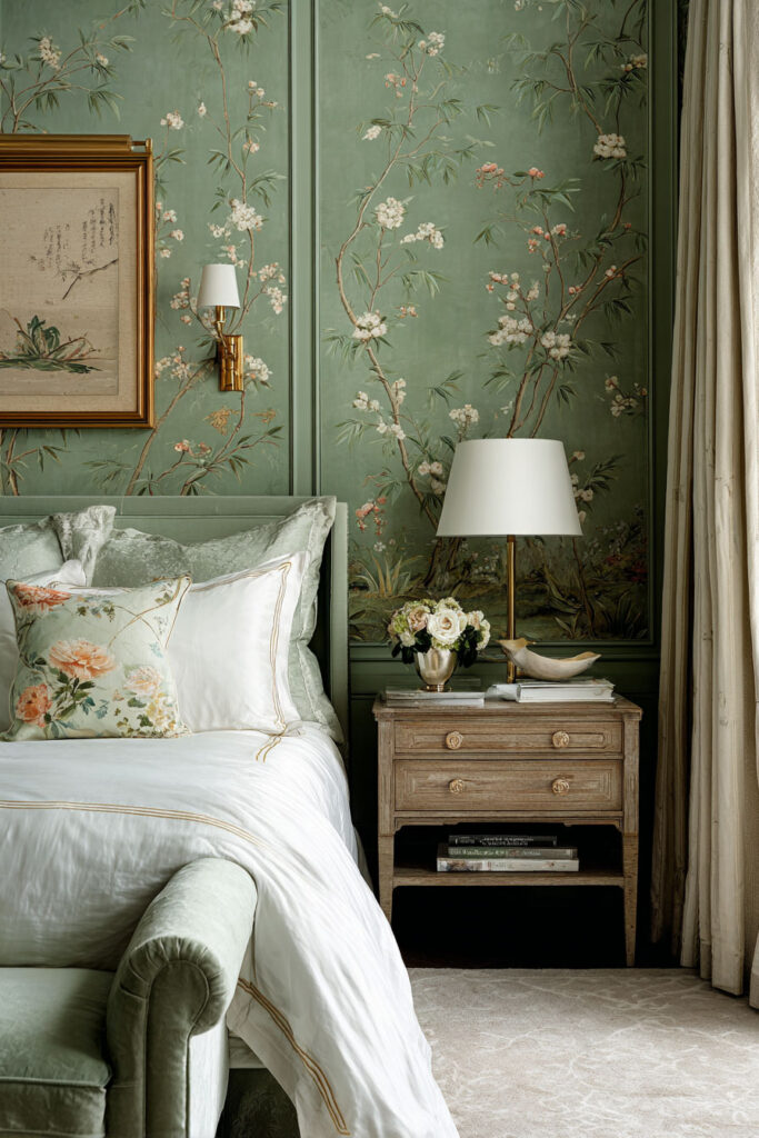 A luxurious sage green bedroom featuring floral wallpaper, velvet upholstery, gold accents, and soft white bedding with embroidered trim.