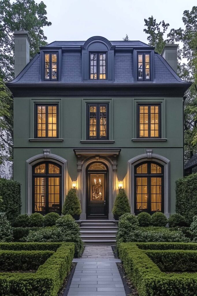 Olive green European-style home with black-trimmed arched windows, manicured garden, and elegant front entry lighting.