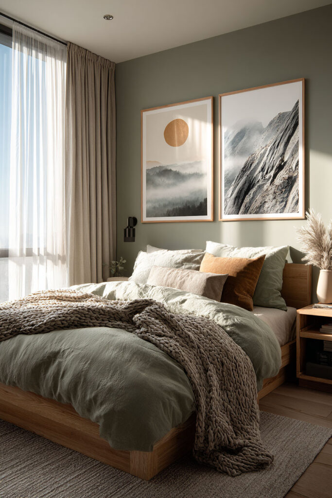 Sage green bedroom with abstract wall art, natural light, and cozy neutral bedding with warm wood furniture.