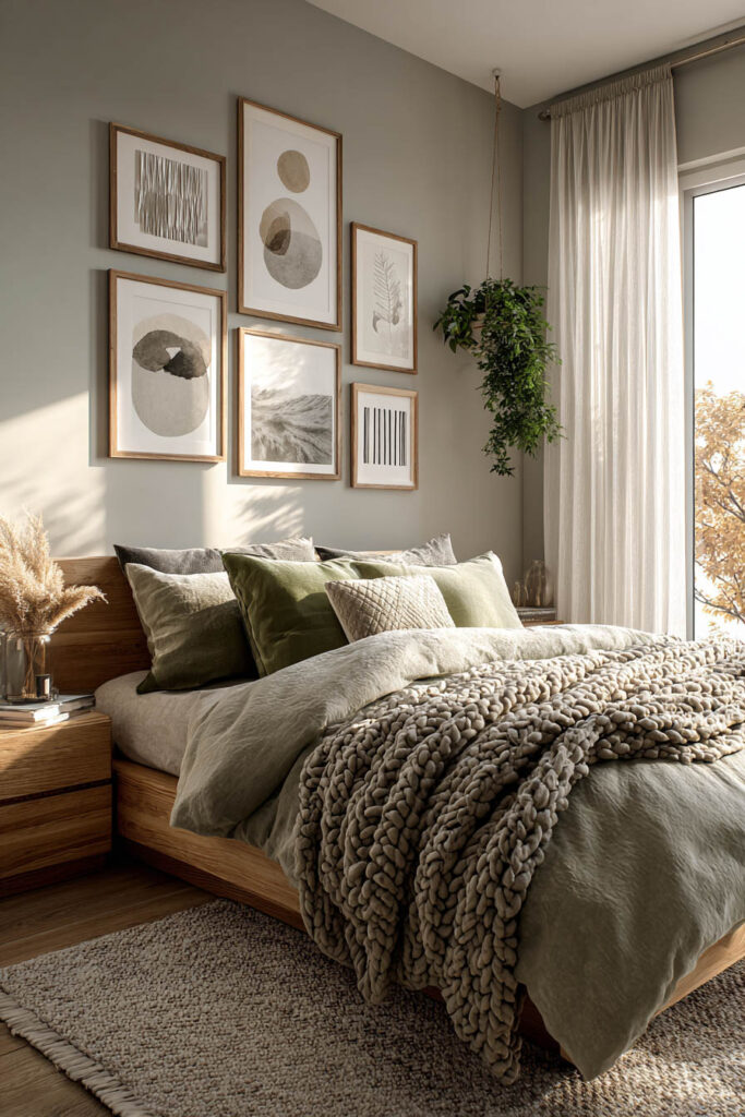 Sage green bedroom with modern gallery wall, cozy bedding, and chunky knit blanket in natural sunlight.