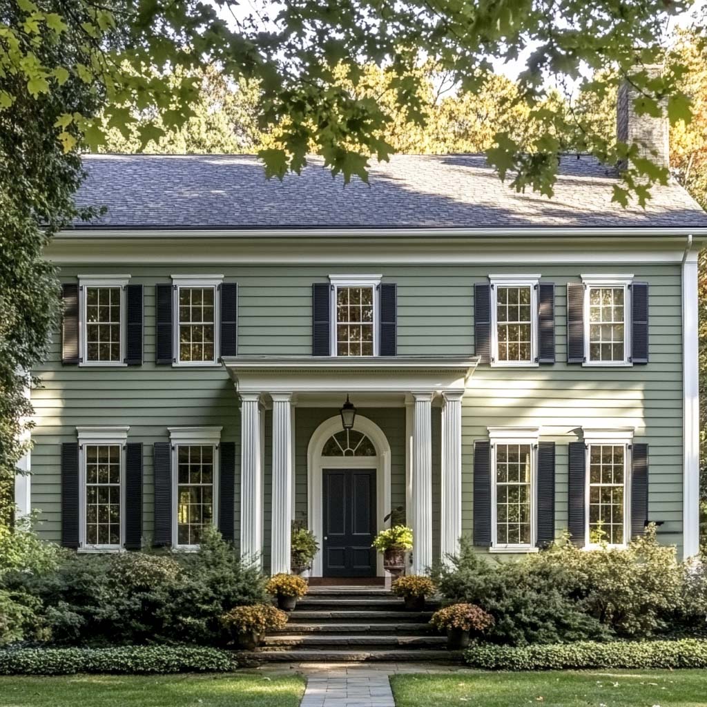 Sage green colonial-style house with white trim, navy shutters, and columned entry surrounded by mature landscaping.