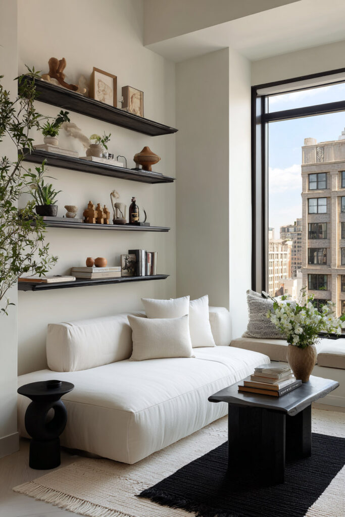 Small modern living room with white sofa, black coffee table, and floating shelves styled with books, ceramics, and plants near a large window.
