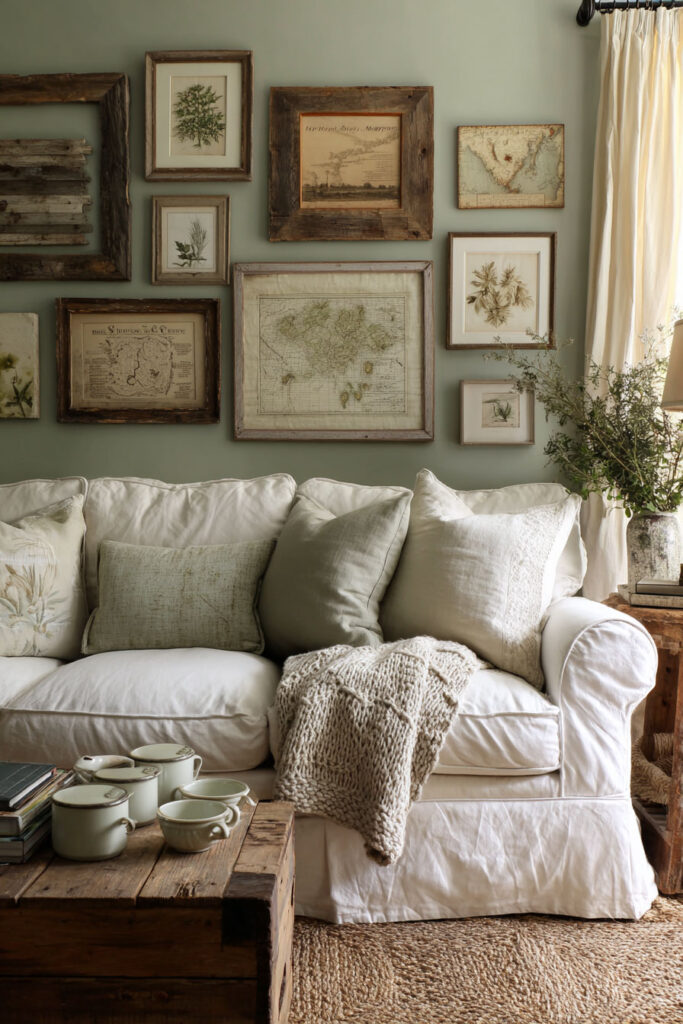 Vintage gallery wall with botanical and map prints in rustic wood frames above a white linen sofa in a cozy cottage living room.