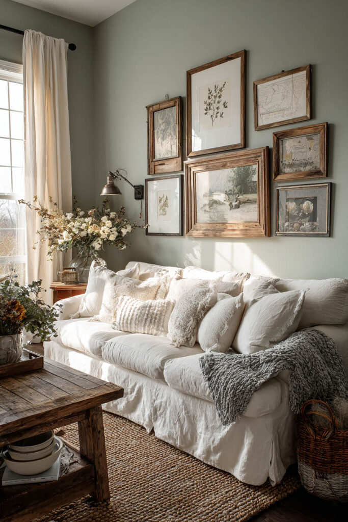 Cozy living room with sage green walls, vintage art gallery wall in wooden frames, white slipcovered sofa, and woven textures.