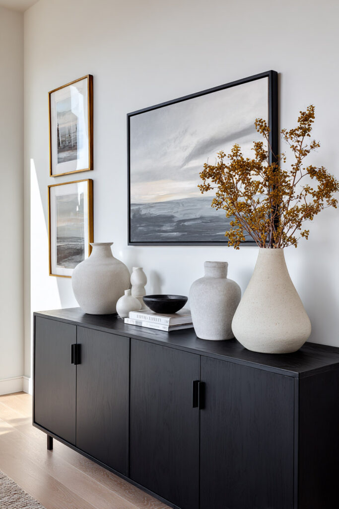 Modern black sideboard styled with white ceramic vases, dried floral branches, and black-and-white landscape artwork above.