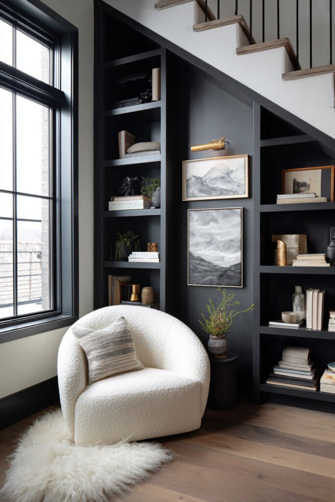 Cozy reading nook under stairs featuring black built-in bookshelves, a white boucle accent chair, framed art, and layered neutral decor.