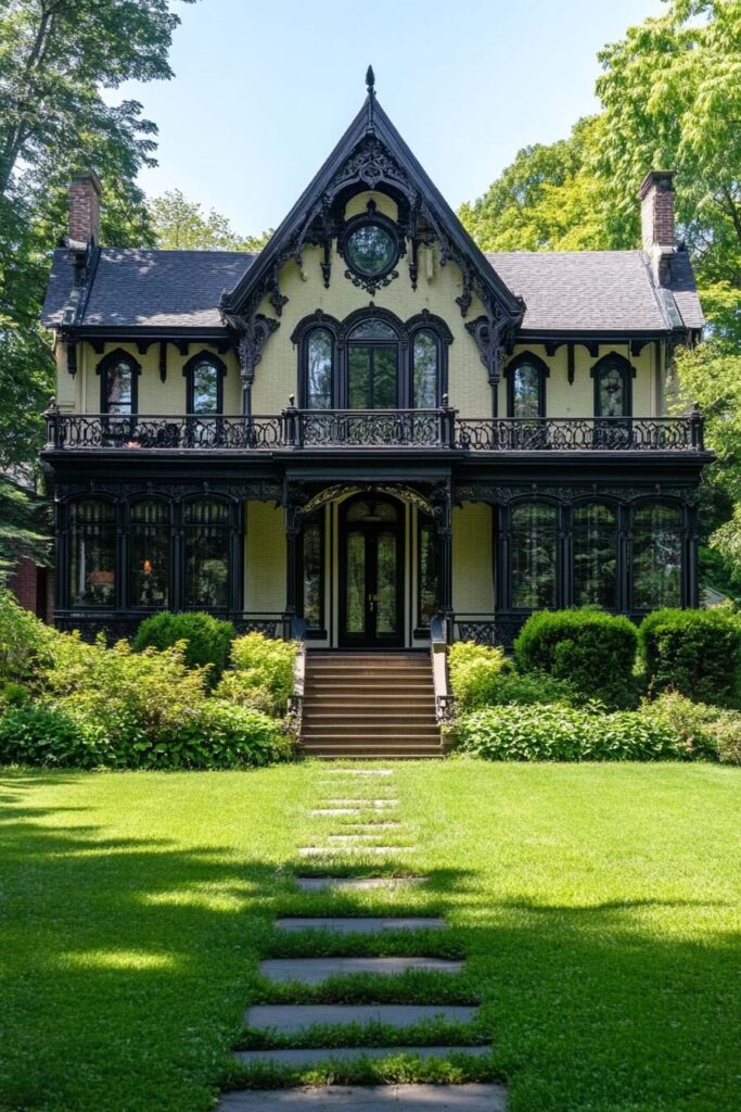 Gothic Revival green house with black trim, arched windows, ornate iron balcony, and lush garden lawn.
