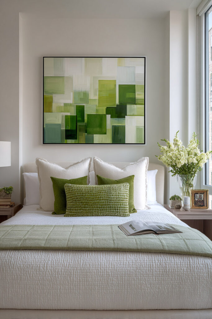 Modern bedroom with bold green geometric artwork, sage throw, and ivory bedding for a fresh, stylish look.