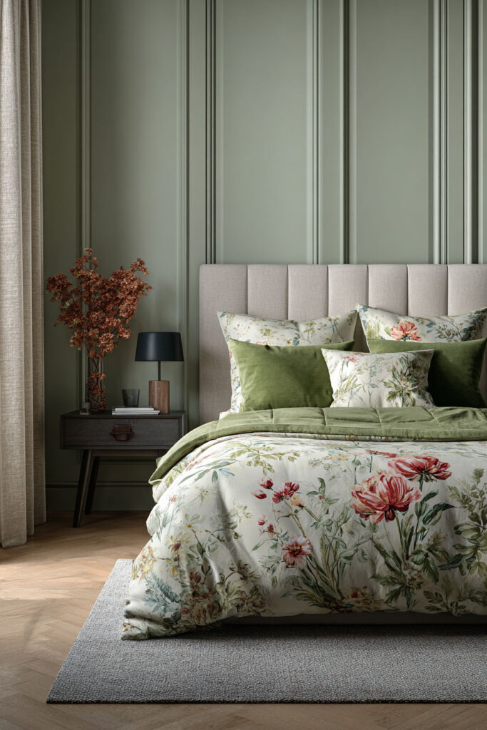 A sage green bedroom with paneled walls, floral bedding in red and green tones, and a soft beige headboard creating a modern romantic look.