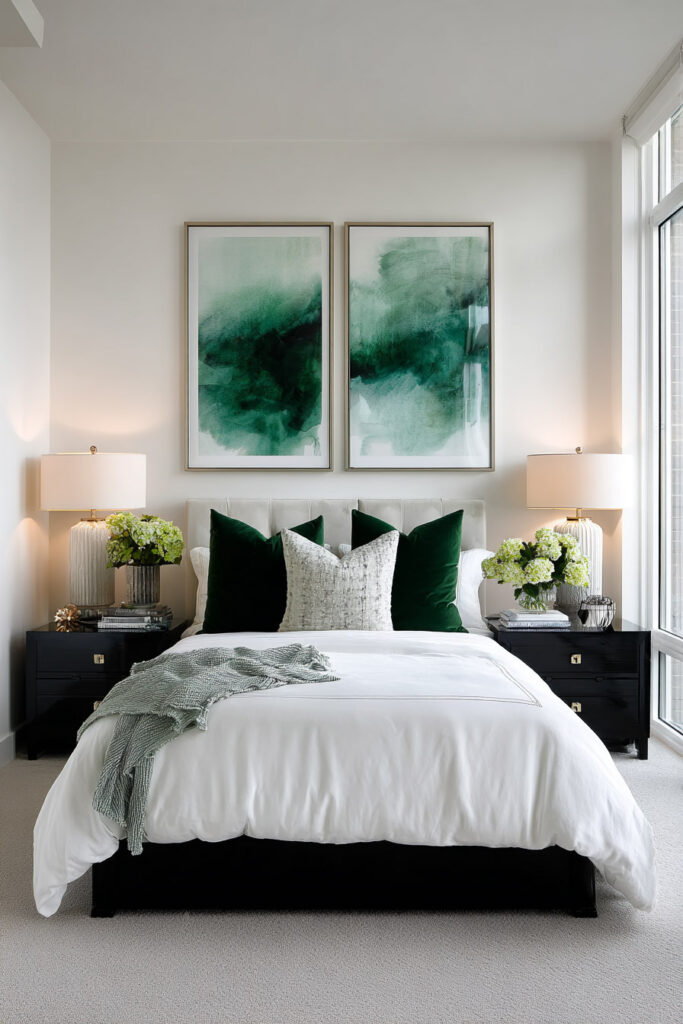 Modern white bedroom with emerald green artwork, dark furniture, and bold green accent pillows for a sleek, elegant look.