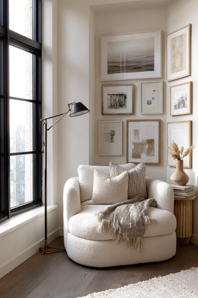Neutral reading nook with boucle chair, beige abstract art gallery wall in light wood frames, and black metal floor lamp.