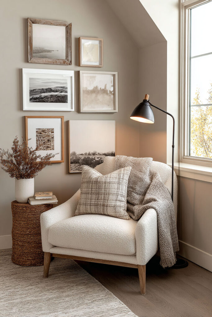 Neutral reading nook with beige gallery wall, boucle chair, floor lamp, plaid pillow, and woven accent table.