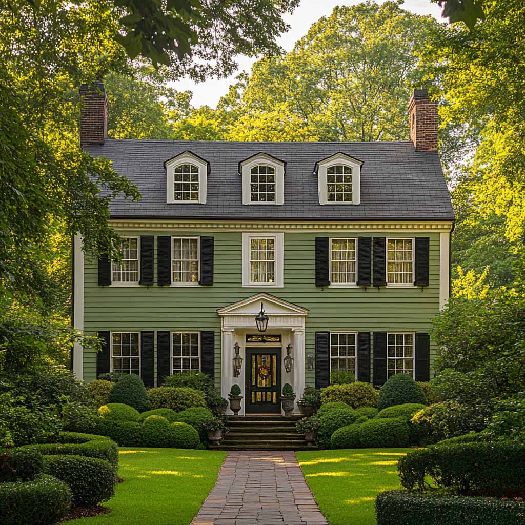 Sage green Colonial-style home with black shutters, white trim, and manicured garden landscaping.