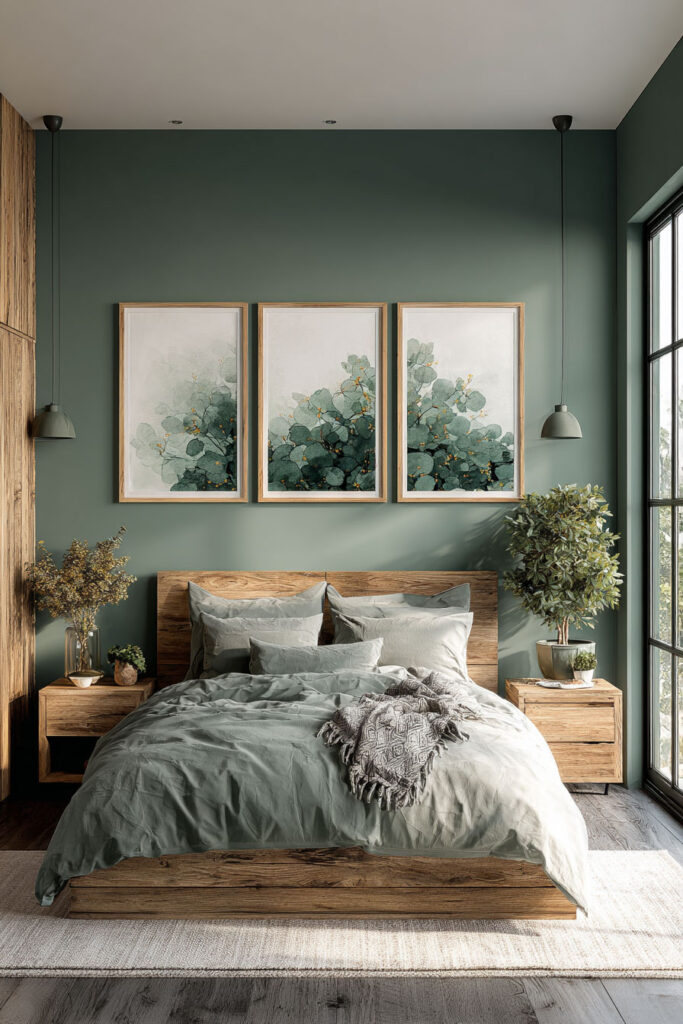 Sage green bedroom with botanical wall art, natural wood furniture, and soft natural lighting for a calm, organic look
