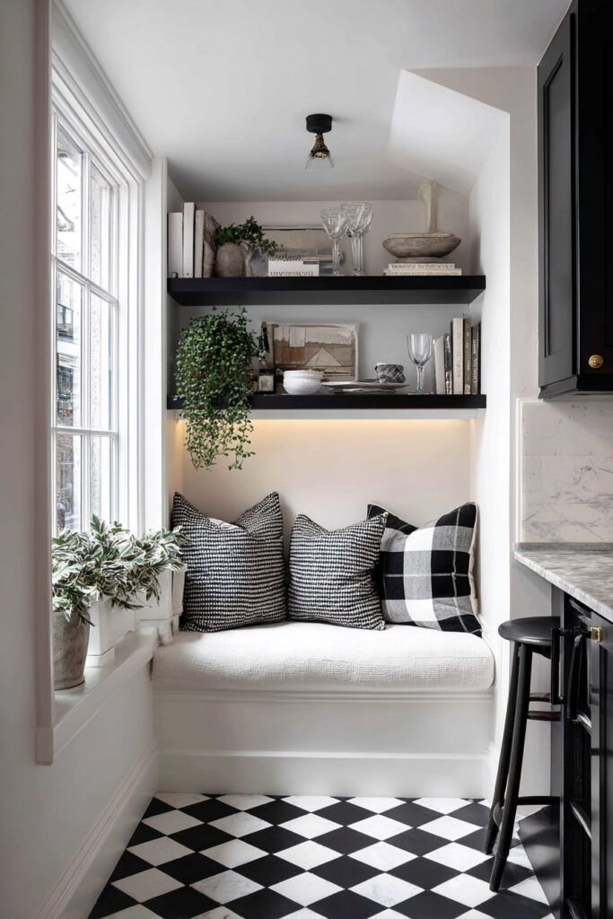 Cozy black and white window nook with houndstooth and buffalo check pillows, black shelving, checkered floor, and potted plants.