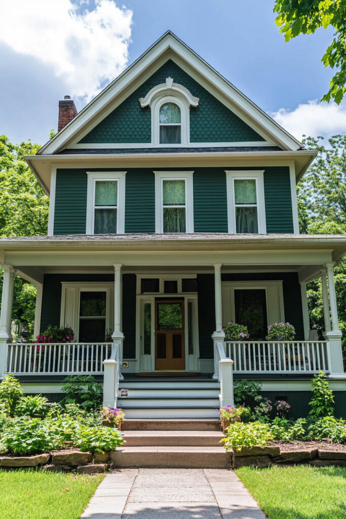 Dark green Victorian-style home with white trim, scalloped shingles, and a front porch surrounded by flower beds.