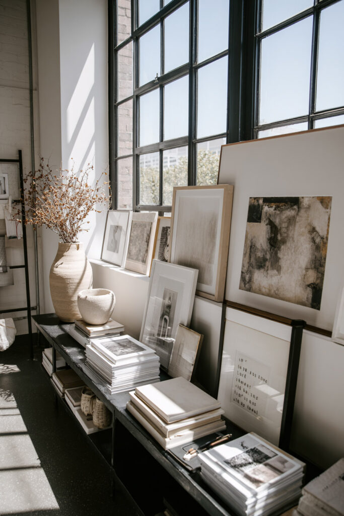 Layered art display on ledge with neutral abstract prints, ceramic vases, and stacked books near a large industrial window.