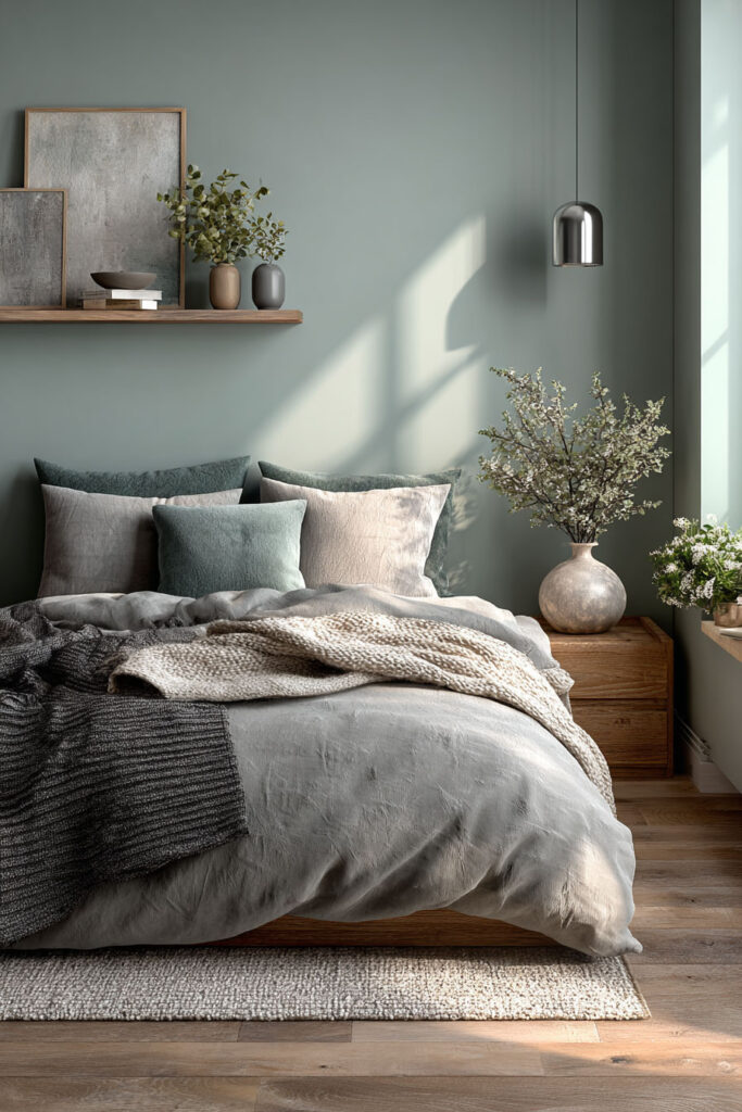 A modern sage green bedroom with metallic pendant lighting, textured bedding, and wooden accents for a clean, contemporary feel.
