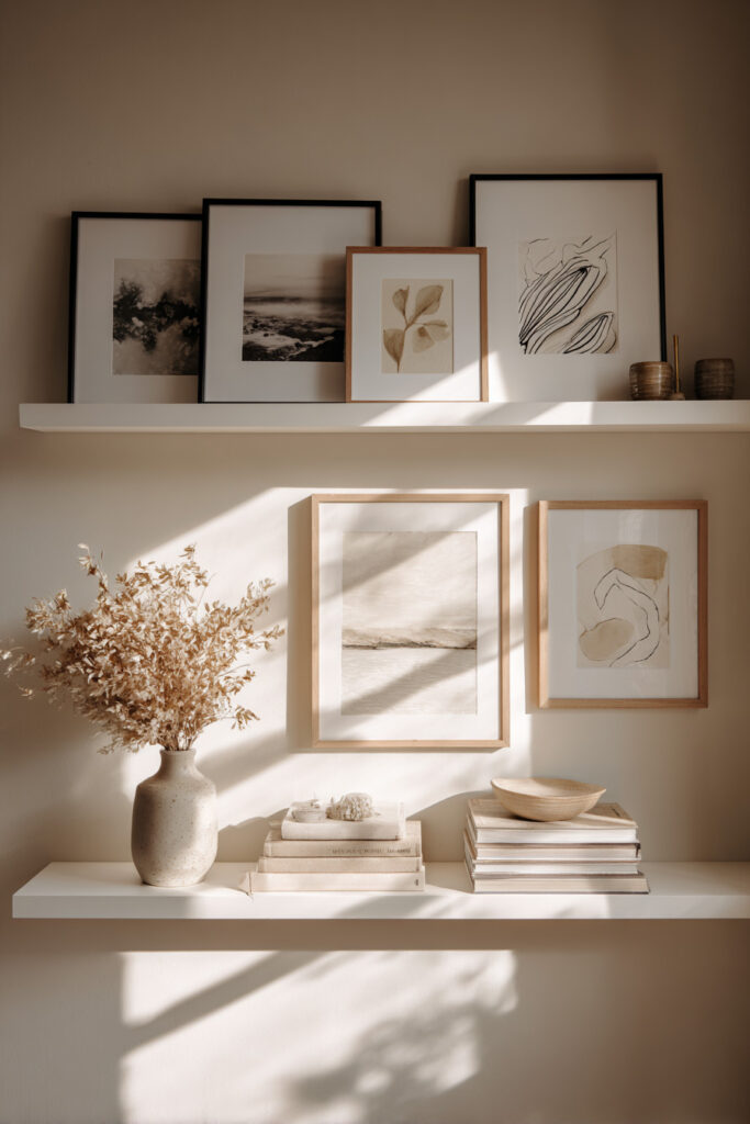 Neutral art ledge with layered framed prints, dried flowers in a ceramic vase, and stacked books styled in natural light.
