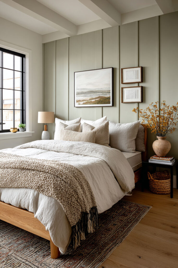 Bedroom with sage green wall paneling, neutral bedding, and warm wood accents for a cozy, timeless look.