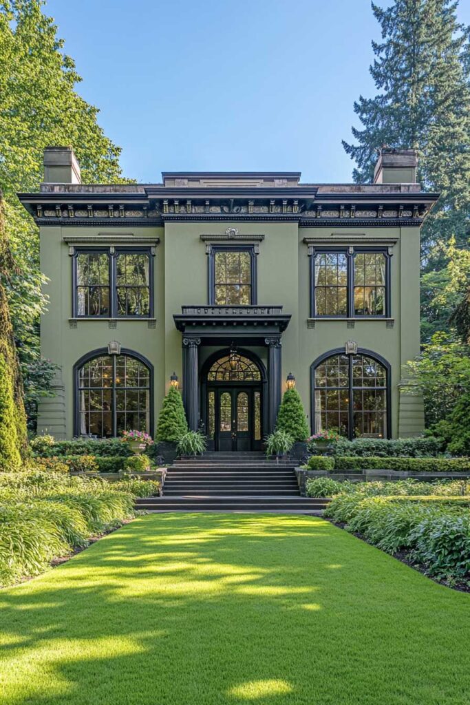 Sage green mansion with black trim, arched windows, and neoclassical architectural details surrounded by lush landscaping.