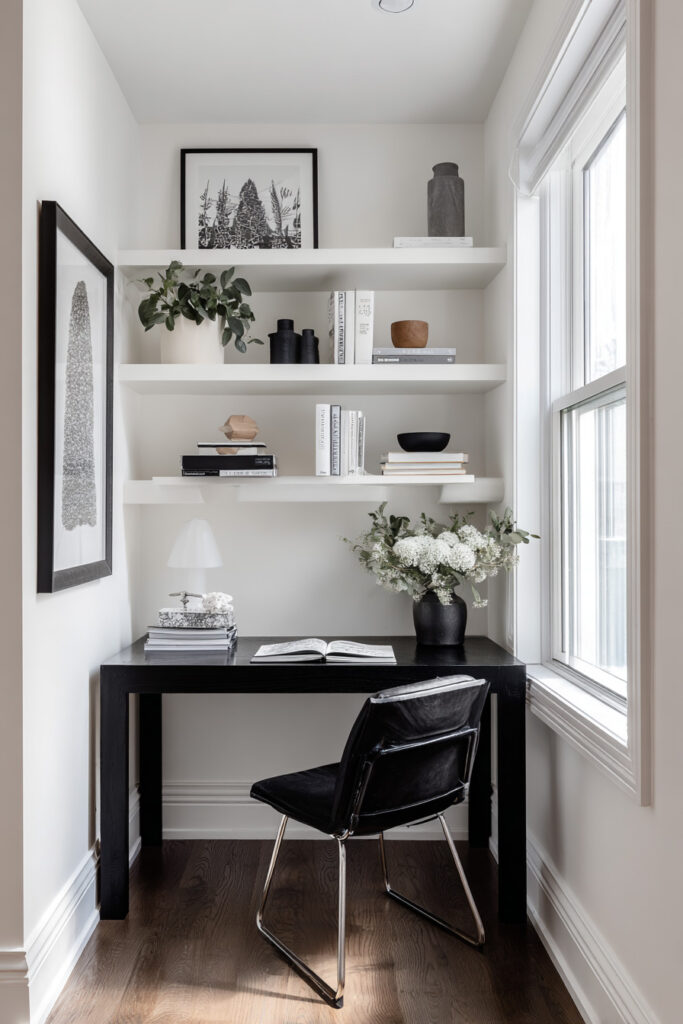 Small black and white home office nook with floating shelves, black desk, leather chair, and window bringing in natural light.
