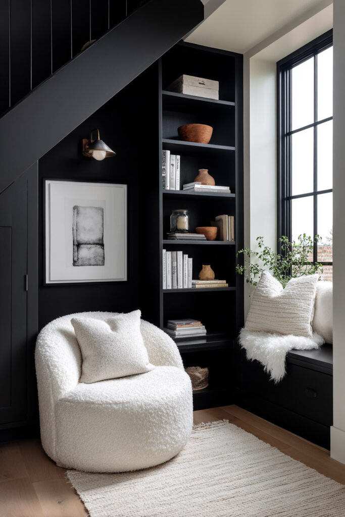Black and white reading nook under staircase with boucle chair, modern black built-in shelves, and soft layered textures.