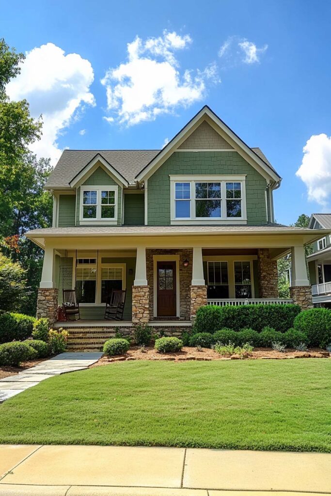 Craftsman-style green house with stone accents, front porch, and wooden door surrounded by neat landscaping.