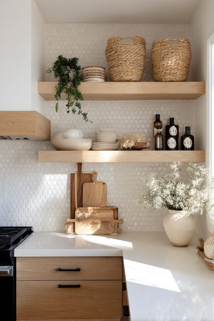 Light wood kitchen shelves styled with woven baskets, cutting boards, ceramic dishes, and natural greenery against a white tile backsplash.