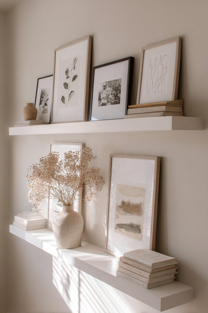 Minimalist art display on white ledges with neutral framed prints, dried floral vase, and stacked books in soft natural light.